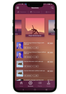 Phone screen displaying the Peak Performance hypnosis app created to boost focus, motivation, and productivity.