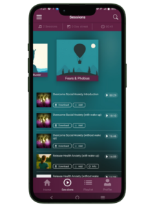 Phone screen showing the Fears & Phobias hypnosis app created to ease anxiety and overcome fears.