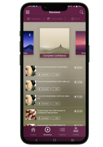 Phone screen displaying the Complete Confidence hypnosis app for boosting self-belief and inner strength