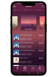 Phone screen showing the Body Balance hypnosis app designed to restore harmony between mind and body.