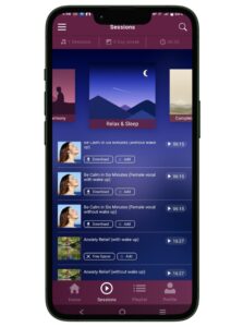 Phone screen showing the Relax & Sleep hypnosis app designed to support deep rest and better sleep.