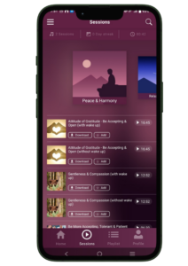 Smartphone screen displaying the Peace and Harmony hypnosis app for relaxation and stress relief