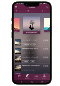 Phone screen showing the Positivity Process hypnosis app for building optimism and a positive mindset.