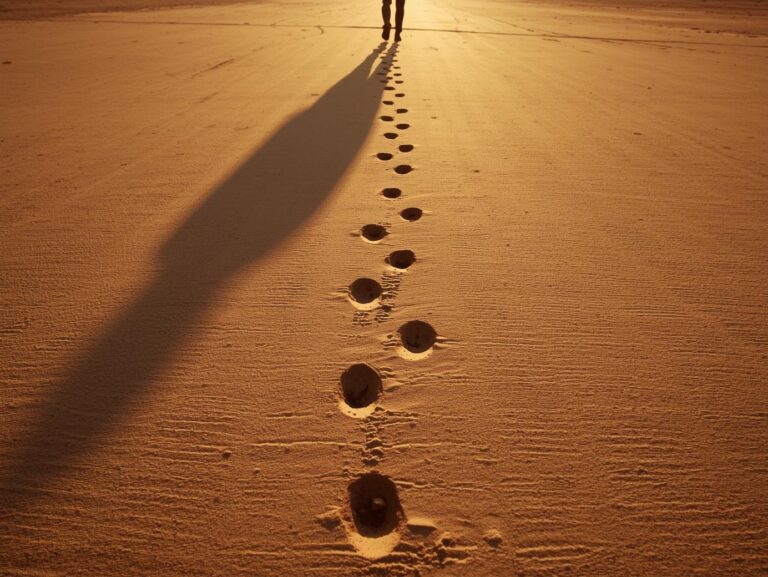 A person walking on a bright open path, leaving footprints that fade into shadows, symbolizing growth, progress, and leaving the past behind.