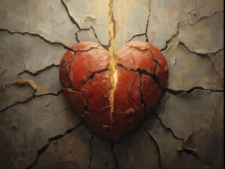 Broken heart mending with light shining through, symbolizing emotional healing and recovery