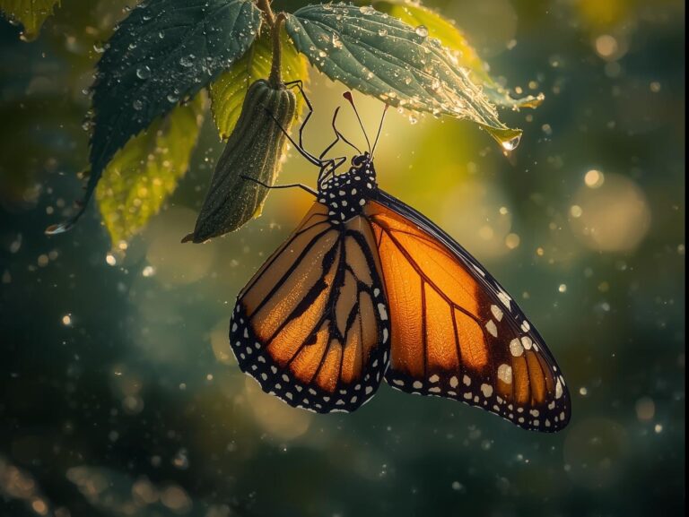 Butterfly emerging from a cocoon in soft light, symbolizing transformation and renewal.