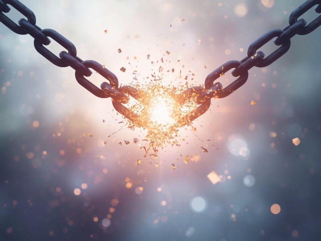 Chains dissolving into light, symbolizing release from generational patterns and inherited burdens.
