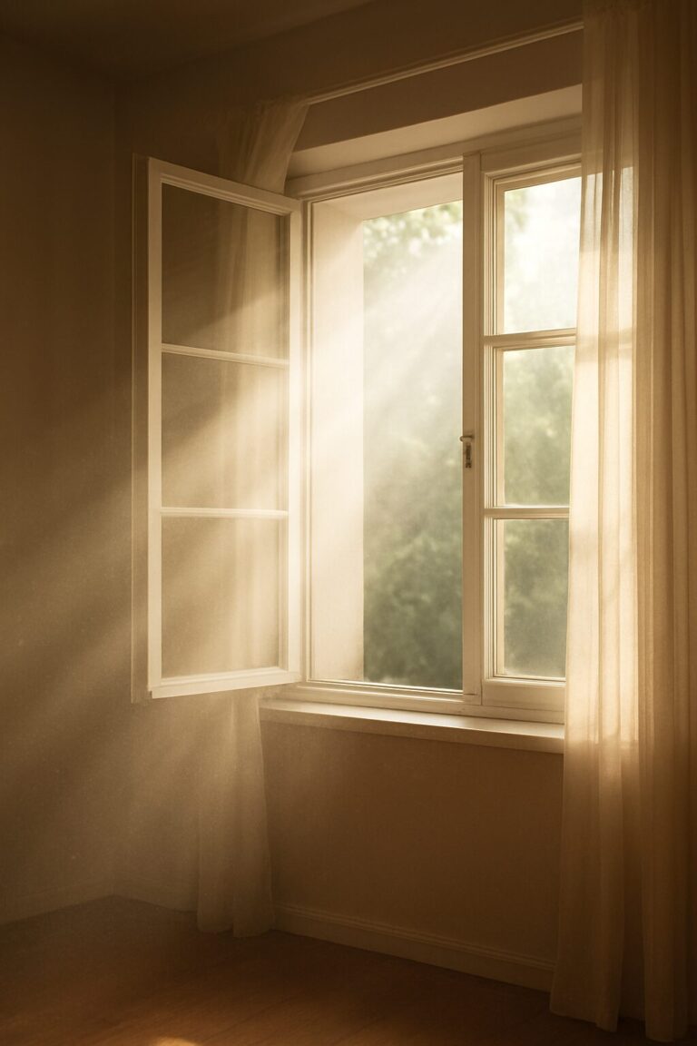 Open window with sunlight streaming in, dissolving fog inside the room, symbolizing the mind opening to clarity.