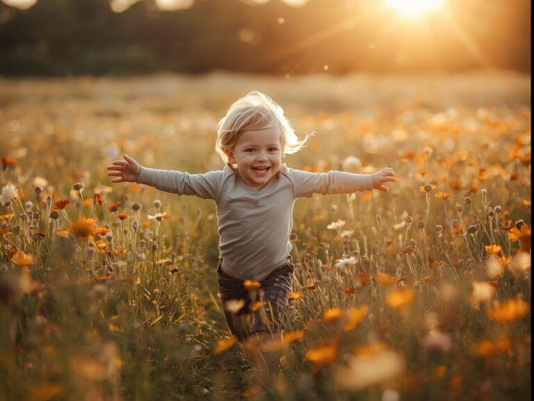 Child running freely in a sunny field, symbolizing joy and playfulness.
