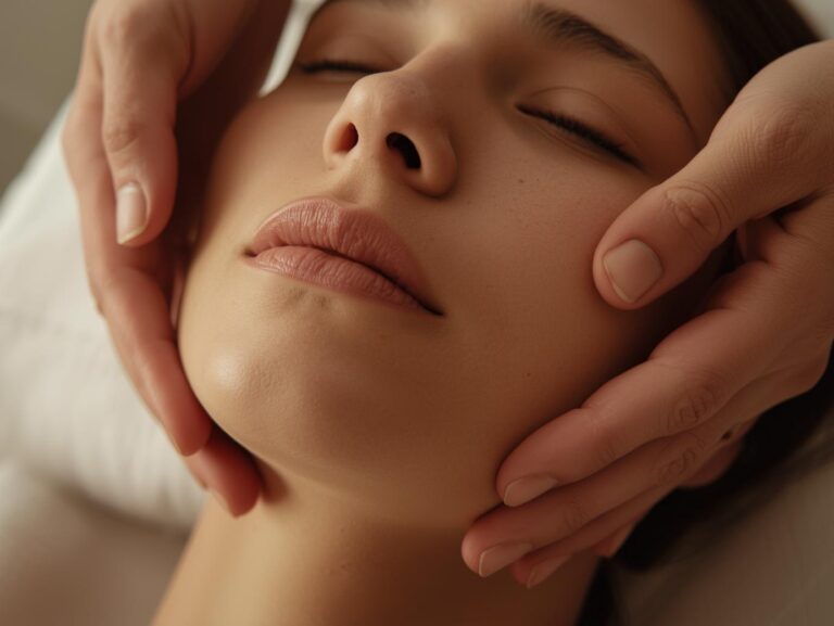 Close-up of hands gently massaging the jaw or face, showing relief and calm.