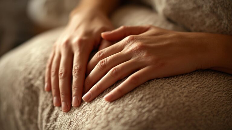 Close-up of relaxed hands or face resting on a pillow, showing release of tension.