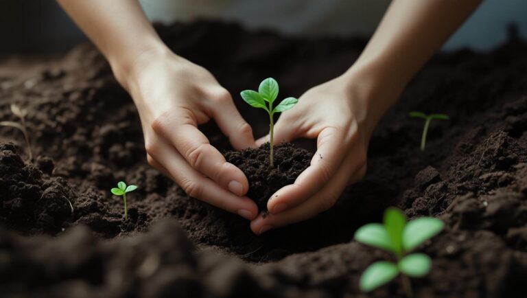 Small plant sprouting in soil, symbolizing patience, growth, and planting seeds of change