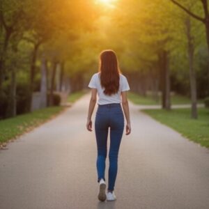 Woman walking alone on a road with sunlight shining, symbolizing hope and new beginnings