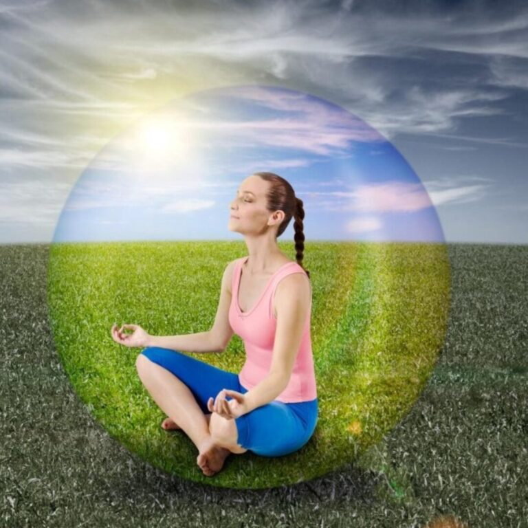 Woman surrounded by a glowing circle shield, symbolizing protection and inner strength