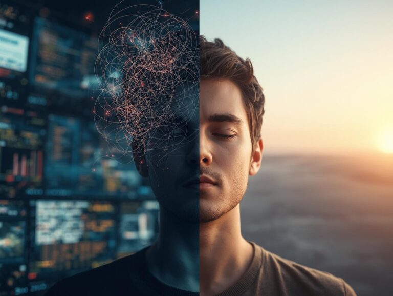 Split scene showing the same person: on the left, overwhelmed by glowing screens, notifications, and tangled scribbles of thoughts; on the right, sitting calmly with closed eyes, surrounded by soft glowing light and open space.