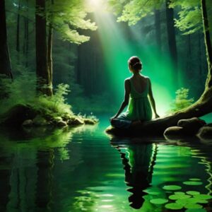 Woman standing alone in a calm river, symbolizing release of jealousy and emotional healing