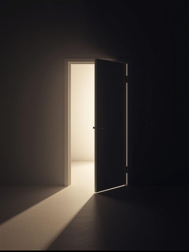 Open doorway leading from a dark room into soft light, symbolizing stepping out of looping pain toward healing.