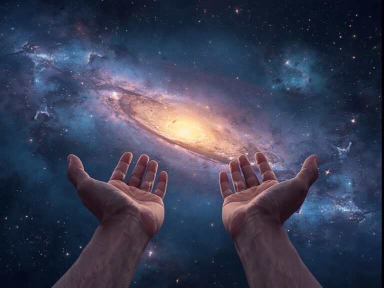 Open hands reaching toward a glowing universe, symbolizing openness to the unknown and infinite possibilities.