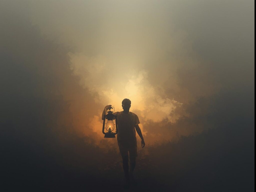 Person holding a lantern in a foggy space that gradually clears into brightness, symbolizing finding mental clarity.