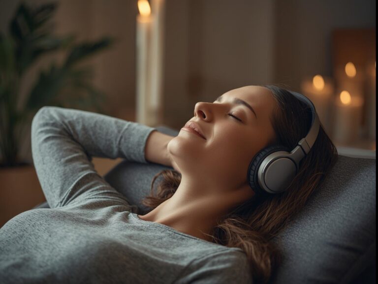 Person lying back with headphones, eyes closed, feeling relaxed and calm during a gentle induction