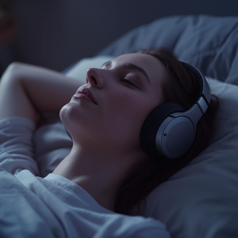Person lying or sitting relaxed with headphones, experiencing immersive relaxation and guidance.