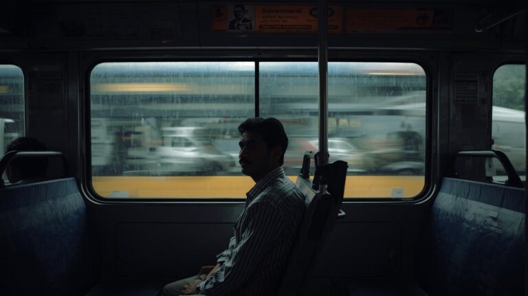 Person sitting calmly on a bus, symbolizing mindfulness and staying centered in stressful situations