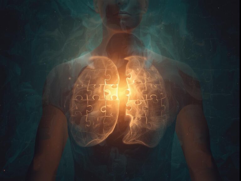 Glowing puzzle pieces coming together inside a person’s chest, symbolizing integration of inner archetypes.