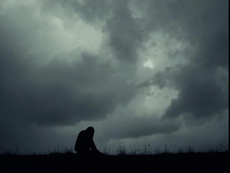 Silhouette of a person sitting alone under a cloudy sky, symbolizing loneliness and emotional heaviness
