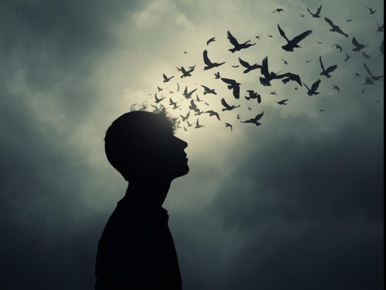Silhouette with thought bubbles transforming into birds flying away, symbolizing freedom from looping thoughts.