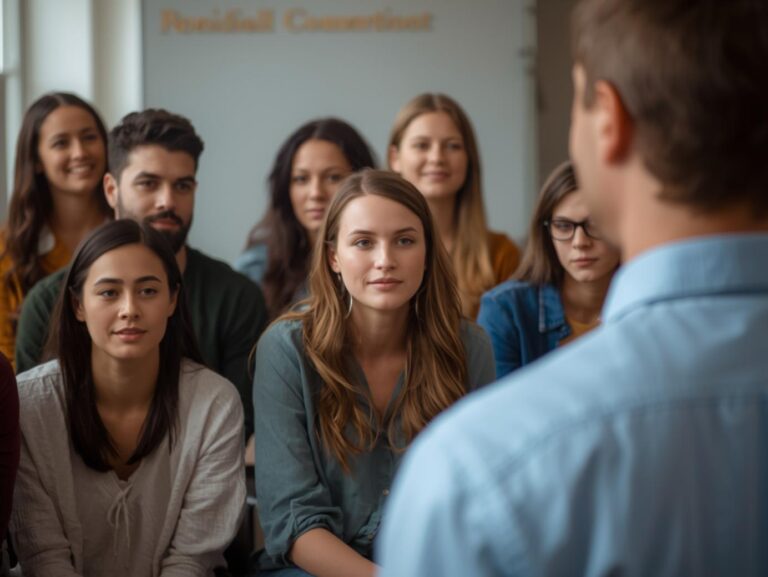 A person speaking confidently in front of a small group, appearing natural, calm, and self-assured.