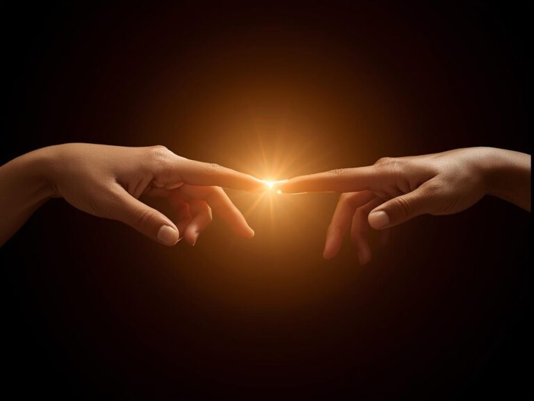 Two hands reaching toward each other with a connecting light, symbolizing connection and unity with others.