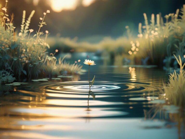 Flower floating gently on a calm river, symbol of inner peace and emotional balance.