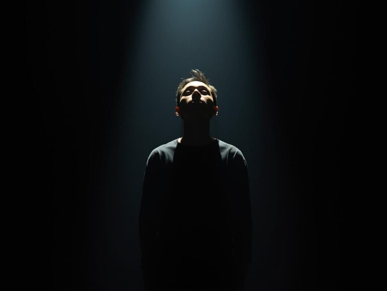 Person standing alone under a spotlight, showing deep emotion with a dramatic atmosphere.