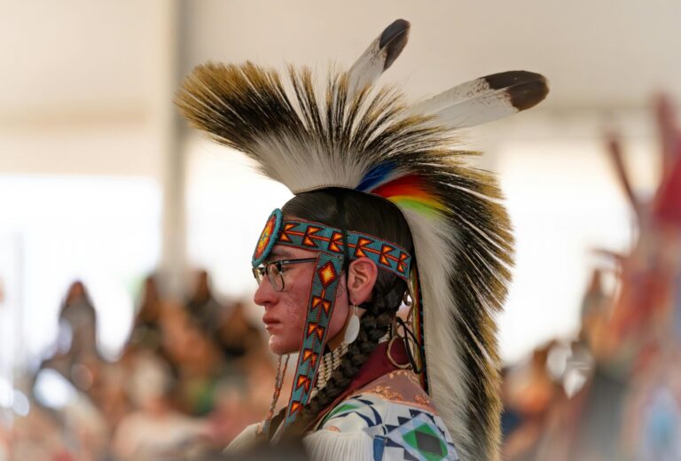 Person wearing a traditional costume, symbolizing ancestral connection and cultural heritage.