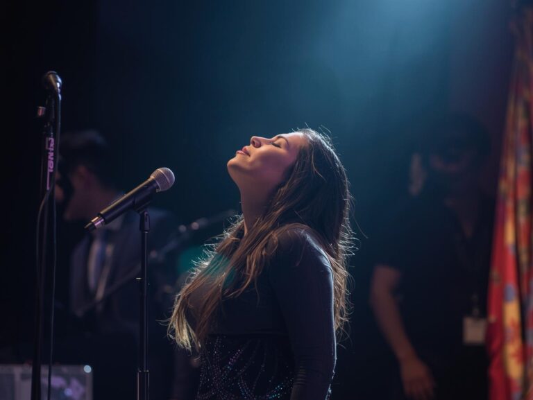 A singer or musician standing backstage with eyes closed, taking a deep breath before performing, symbolizing calm, focus, and mental preparation.