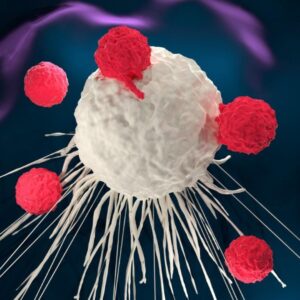 A close-up visualization of cancer cells, representing the fight against cancer and the focus on health, treatment, and healing.