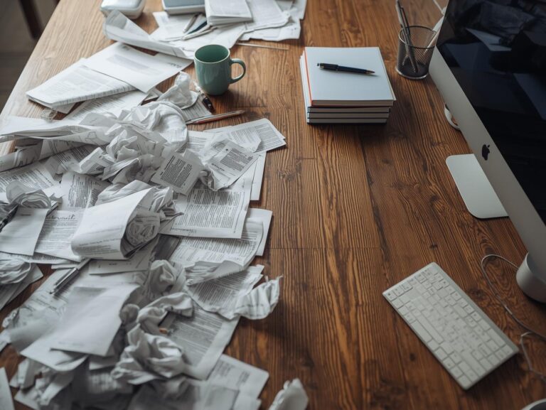 A desk with messy scattered papers on one side and neatly organized items on the other, symbolizing the shift from mental clutter to clarity.