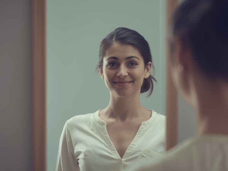 A person looks into a mirror and sees a calmer, more confident version of themselves reflected back.