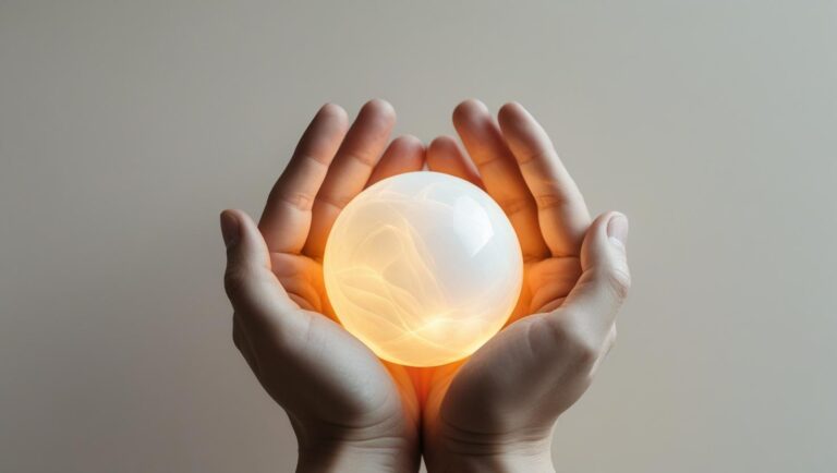 Open hands gently holding glowing light and golden sparkles, symbolizing abundance, self-worth, and positive energy.