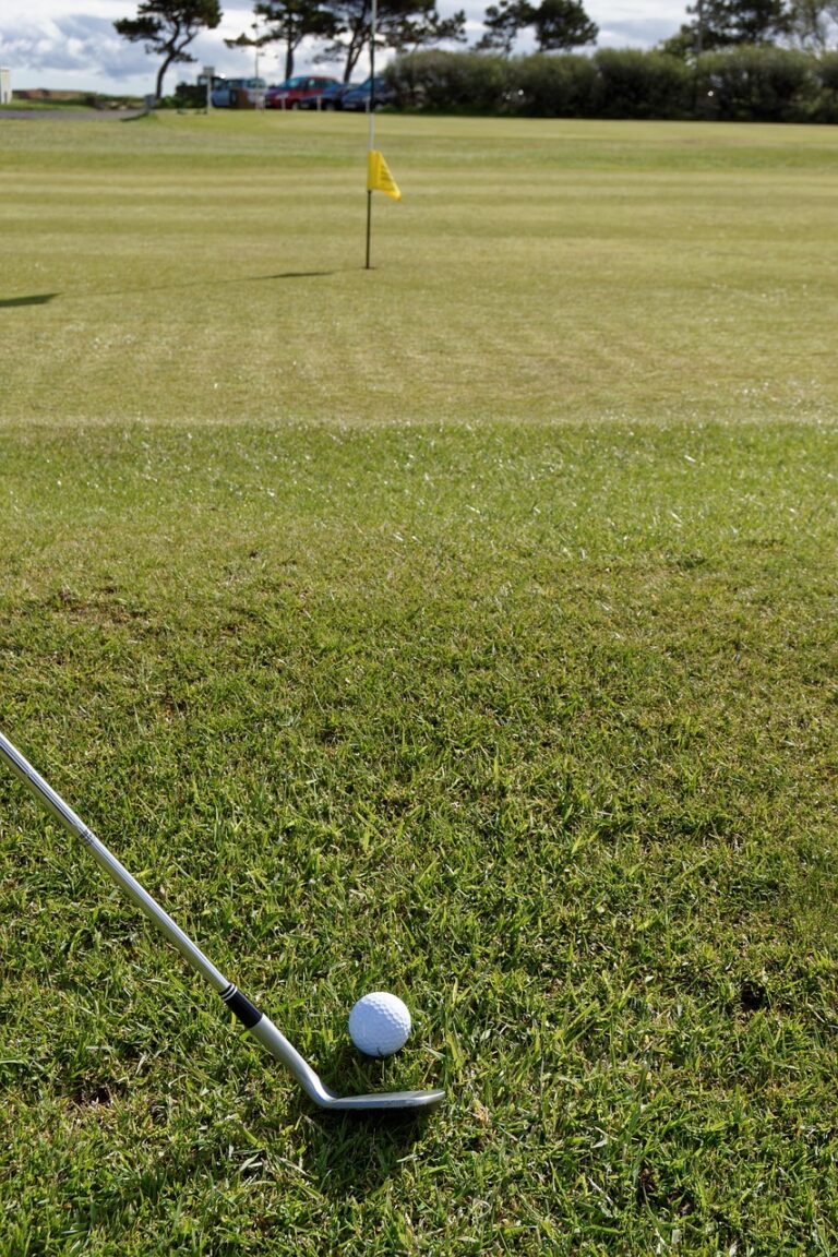 A golfer standing at the tee, preparing for a focused and confident swing.