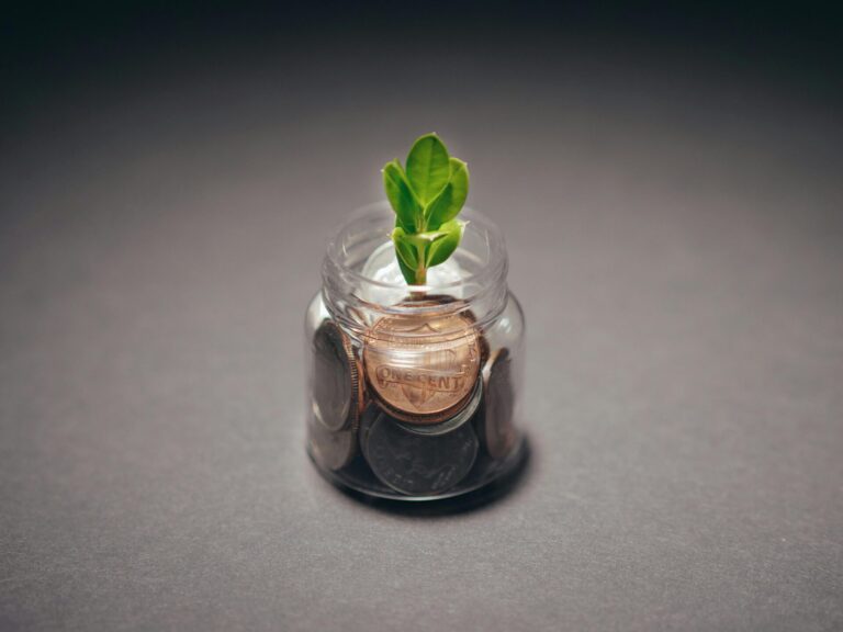 Small plants sprouting from bottles or jars filled with coins, symbolizing financial growth, balance, and nurturing abundance.