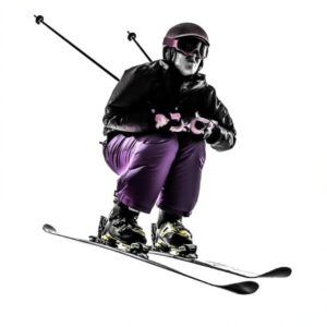 A skier in full gear, crouched in mid-air against a white background.