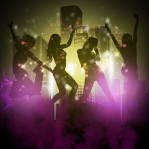 Silhouettes of four women dancing with city lights and colorful effects in the background.