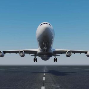 A large commercial airplane taking off from a runway under a clear blue sky.