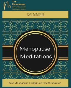Award certificate for Menopause Meditations winning Best Menopause Cognitive Health Solution at The Menopause Awards 2026.