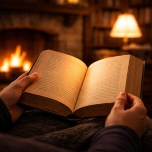 Hands holding an open book inside a dreamy and magical library