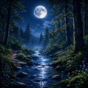 Moonlight reflecting on a calm river at night, creating a peaceful path toward restful sleep and relaxation.