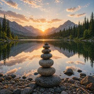 Balanced stack of smooth stones beside a calm mountain lake at sunrise