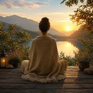 Meditation app displaying a peaceful woman wrapped in a blanket overlooking a serene lake at sunrise with the Feeling Safe & Secure session