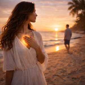 Woman standing on a beach at sunset with her hand over her heart while looking toward the ocean